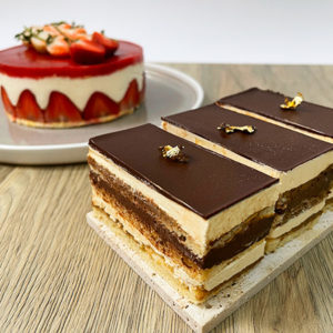 Opera cake and strawberry cake